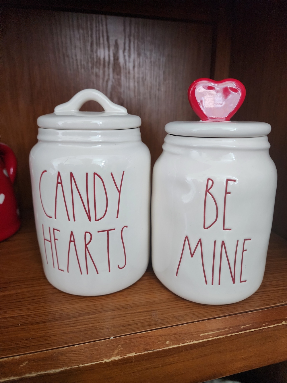 Rae Dunn White Ceramic “CANDY HEARTS” & “BE MINE” Canisters with Red Accents
